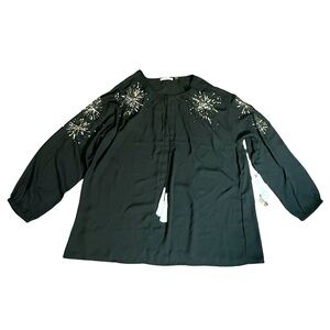 Dex Black Semi Sheer silver star burst sequin blouse long sleeve size 1X tassels